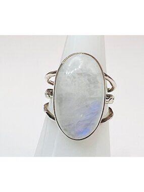 Large moonstone ring, size 6, with filigree accents on .925 sterling silver band